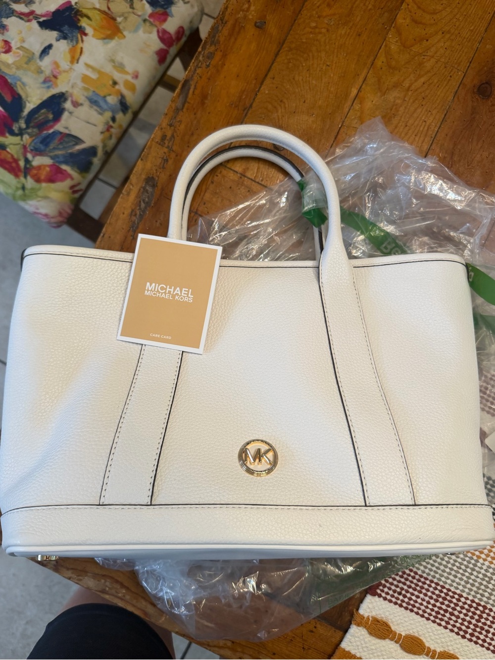 Michael Kors White Pebbled Leather Satchel with Gold MK Emblem
